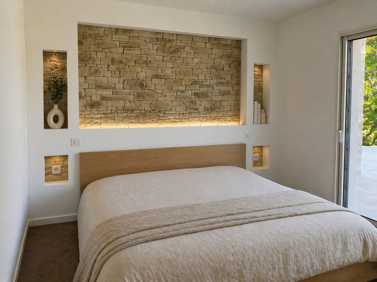 Chambre parentale moderne avec niche et parement pierre