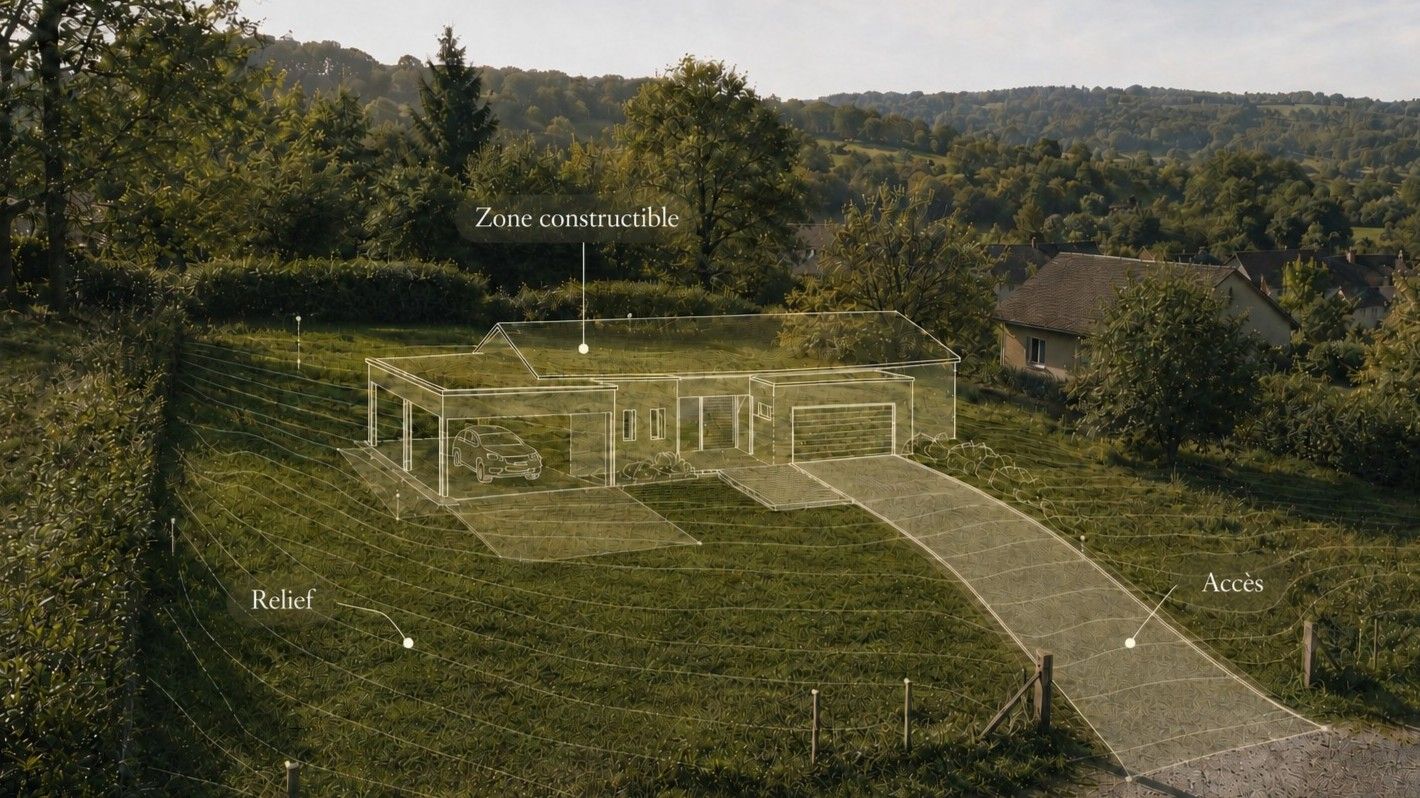 Terrain analysé avec relief, accès, zone constructible et projection de maison