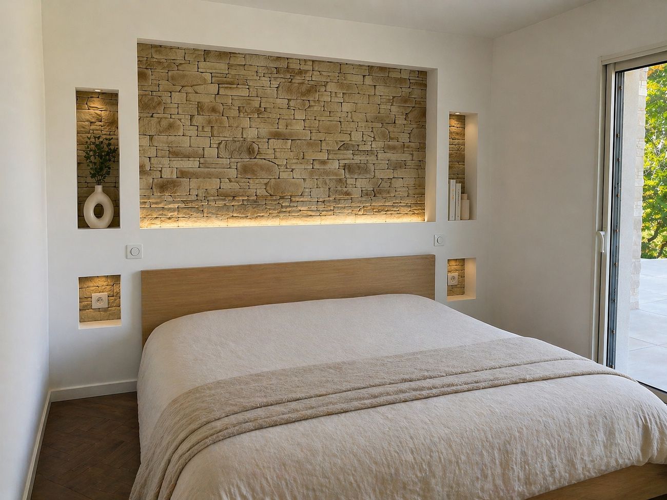 Chambre parentale avec niche décorative et parement pierre dans une maison Maisons Limousines